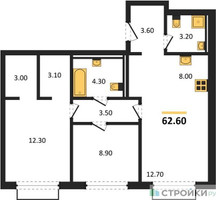 Планировка двухкомнатной(квартира) площадью 62.6 квадратных метров в “ЖК Равновесие”
