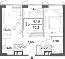 Планировка трехкомнатной(квартира) площадью 72.1 квадратных метров в “ЖК Will Towers (Вилл Тауэрс)”