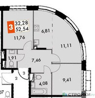 Планировка двухкомнатной(квартира) площадью 52.54 квадратных метров в “ЖК Движение. Говорово”