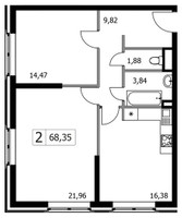 Планировка двухкомнатной(квартира) площадью 68.35 квадратных метров в “ЖК Городские Истории”