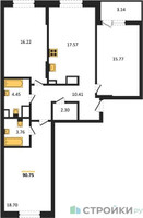 Планировка трехкомнатной(квартира) площадью 90.75 квадратных метров в “ЖК Светлый мир Станция Л”