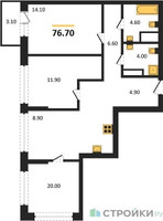 Планировка трехкомнатной(квартира) площадью 76.7 квадратных метров в “ЖК Бестселлер”