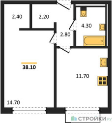 Планировка однокомнатной(апартаменты) площадью 38.1 квадратных метров в ЖК “ЖК Равновесие”