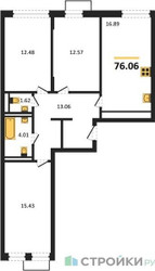 Планировка трехкомнатной(квартира) площадью 76.06 квадратных метров в ЖК “ЖК Квартал Строгино”
