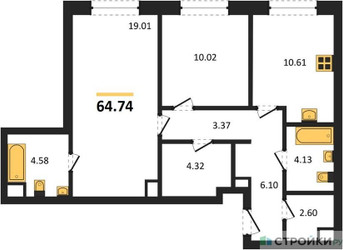 Планировка двухкомнатной(квартира) площадью 64.74 квадратных метров в ЖК “ЖК УЛЬТИМА Сити”