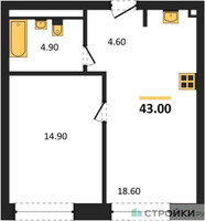 Планировка однокомнатной(квартира) площадью 43 квадратных метров в “ЖК STONE Rise (Райз)”