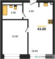 Планировка однокомнатной(квартира) площадью 43 квадратных метров в ЖК “ЖК STONE Rise (Райз)”
