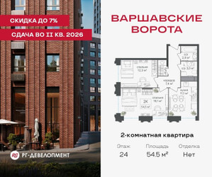 Планировка двухкомнатной(квартира) площадью 54.5 квадратных метров в ЖК “ЖК Варшавские ворота”