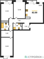 Планировка трехкомнатной(квартира) площадью 82 квадратных метров в “ЖК Новая Щербинка”