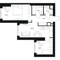 Планировка двухкомнатной(квартира) площадью 54.3 квадратных метров в “ЖК NEXUS by Akvilon (Нексус от Аквилон)”