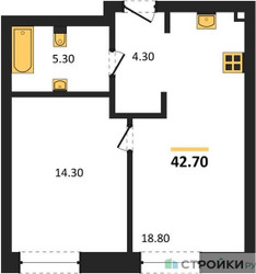 Планировка однокомнатной(квартира) площадью 42.7 квадратных метров в ЖК “ЖК STONE Rise (Райз)”
