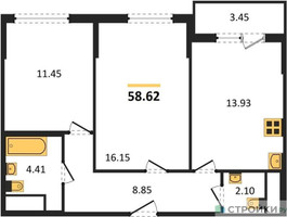 Планировка двухкомнатной(квартира) площадью 58.62 квадратных метров в “ЖК Светлый мир БиоПолис”