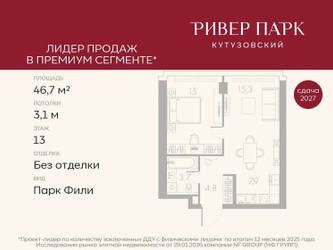 Планировка однокомнатной(квартира) площадью 46.7 квадратных метров в ЖК “ЖК Ривер Парк Кутузовский”