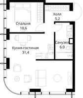 Планировка однокомнатной(квартира) площадью 53.2 квадратных метров в “ЖК Сити Бэй”