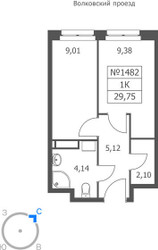 Планировка однокомнатной(апартаменты) площадью 29.75 квадратных метров в ЖК “ЖК Волковская 67”