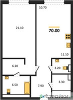 Планировка однокомнатной(квартира) площадью 70.7 квадратных метров в “Роскошный квартал Life Time”
