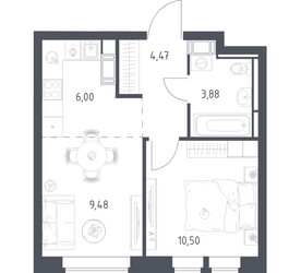 Планировка однокомнатной(квартира) площадью 34.33 квадратных метров в ЖК “ЖК Большое Путилково”