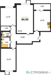 Планировка трехкомнатной(квартира) площадью 84 квадратных метров в ЖК “ЖК 1-й Ленинградский (Первый Ленинградский)”