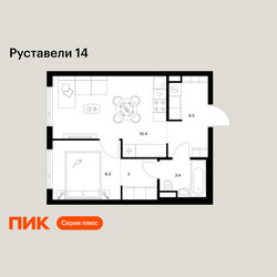 Планировка однокомнатной(квартира) площадью 37.6 квадратных метров в ЖК “ЖК Руставели 14”