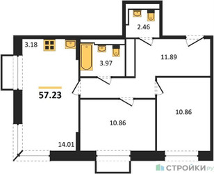 Планировка двухкомнатной(квартира) площадью 57.23 квадратных метров в ЖК “ЖК Долина Яузы”