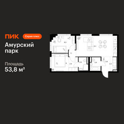 Планировка двухкомнатной(квартира) площадью 53.8 квадратных метров в ЖК “ЖК Амурский парк”