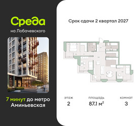 Планировка трехкомнатной(квартира) площадью 87.1 квадратных метров в ЖК “ЖК Среда на Лобачевского”