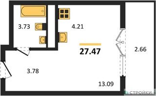 Планировка студии(квартира) площадью 27.47 квадратных метров в “ЖК Дюна”