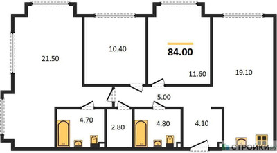 Планировка трехкомнатной(квартира) площадью 83.9 квадратных метров в ЖК “ЖК Шагал”