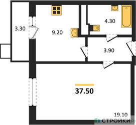 Планировка однокомнатной(квартира) площадью 37.5 квадратных метров в ЖК “ЖК Пироговская Ривьера”