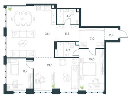 Планировка трехкомнатной(квартира) площадью 107.7 квадратных метров в “ЖК Левел Южнопортовая”