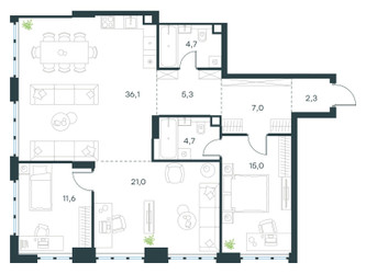 Планировка трехкомнатной(квартира) площадью 107.7 квадратных метров в ЖК “ЖК Левел Южнопортовая”