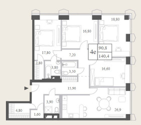 Планировка 4+ комнате(квартира) площадью 137.3 квадратных метров в “ЖК Will Towers (Вилл Тауэрс)”