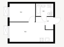 Планировка однокомнатной(квартира) площадью 38.7 квадратных метров в “ЖК Восточное Бутово”