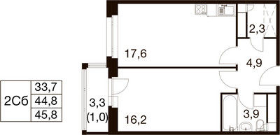 Планировка однокомнатной(квартира) площадью 44.3 квадратных метров в ЖК “ЖК Идеал”