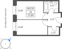 Планировка однокомнатной(апартаменты) площадью 37.89 квадратных метров в “ЖК Волковская 67”
