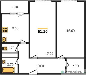 Планировка двухкомнатной(квартира) площадью 61.1 квадратных метров в ЖК “ЖК Карамельный”
