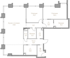 Планировка двухкомнатной(квартира) площадью 123.5 квадратных метров в “ЖК Коллекция Лужники”