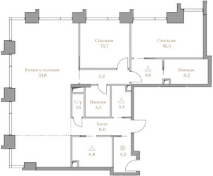 Планировка двухкомнатной(квартира) площадью 123.5 квадратных метров в ЖК “ЖК Коллекция Лужники”