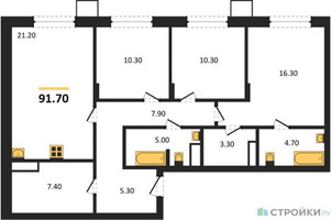 Планировка трехкомнатной(квартира) площадью 91.7 квадратных метров в “ЖК Резиденции Сколково”