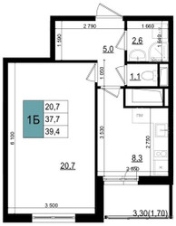 Планировка однокомнатной(квартира) площадью 39.4 квадратных метров в ЖК “ЖК Одинцово Сити”