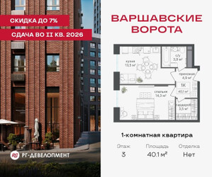 Планировка однокомнатной(квартира) площадью 40.1 квадратных метров в ЖК “ЖК Варшавские ворота”
