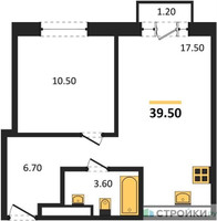 Планировка однокомнатной(квартира) площадью 39.5 квадратных метров в “ЖК Квартал Метроном”