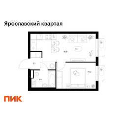 Планировка однокомнатной(квартира) площадью 34.2 квадратных метров в ЖК “Ярославский квартал”