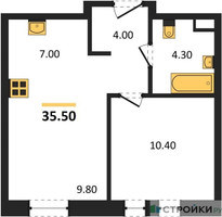 Планировка однокомнатной(квартира) площадью 35.5 квадратных метров в “ЖК Квартал на воде (Графика на воде)”