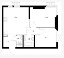 Планировка двухкомнатной(квартира) площадью 47.8 квадратных метров в “ЖК Второй Нагатинский”