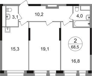 Планировка двухкомнатной(квартира) площадью 68.5 квадратных метров в ЖК “ЖК Первый Московский”
