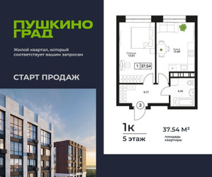 Планировка однокомнатной(квартира) площадью 37.54 квадратных метров в ЖК “ЖК Пушкино Град”