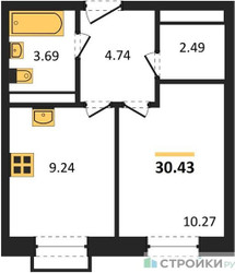 Планировка однокомнатной(квартира) площадью 30.43 квадратных метров в ЖК “ЖК Квартал Румянцево (МелиСад)”