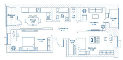 Планировка трехкомнатной(квартира) площадью 78.8 квадратных метров в ЖК “ЖК Новоград Монино”