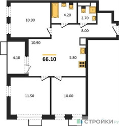 Планировка трехкомнатной(квартира) площадью 66.1 квадратных метров в ЖК “ЖК Скандинавия”